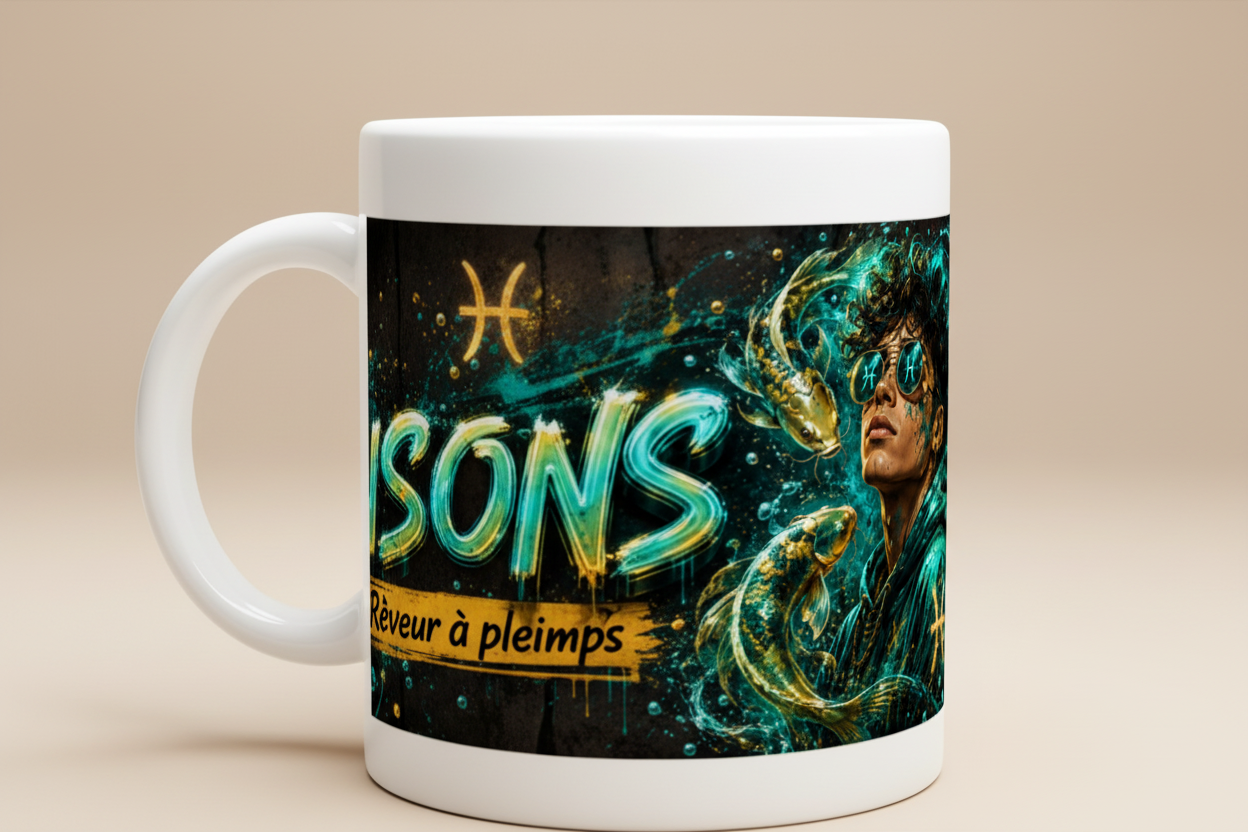 Mug blanc en céramique, illustration poissons bleus-verts et texte « Rêveur à plein temps »