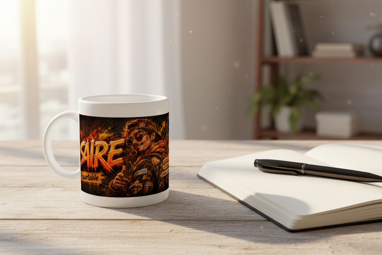 Mug blanc au motif Sagittaire, graphique orange sur fond noir, poignée à gauche