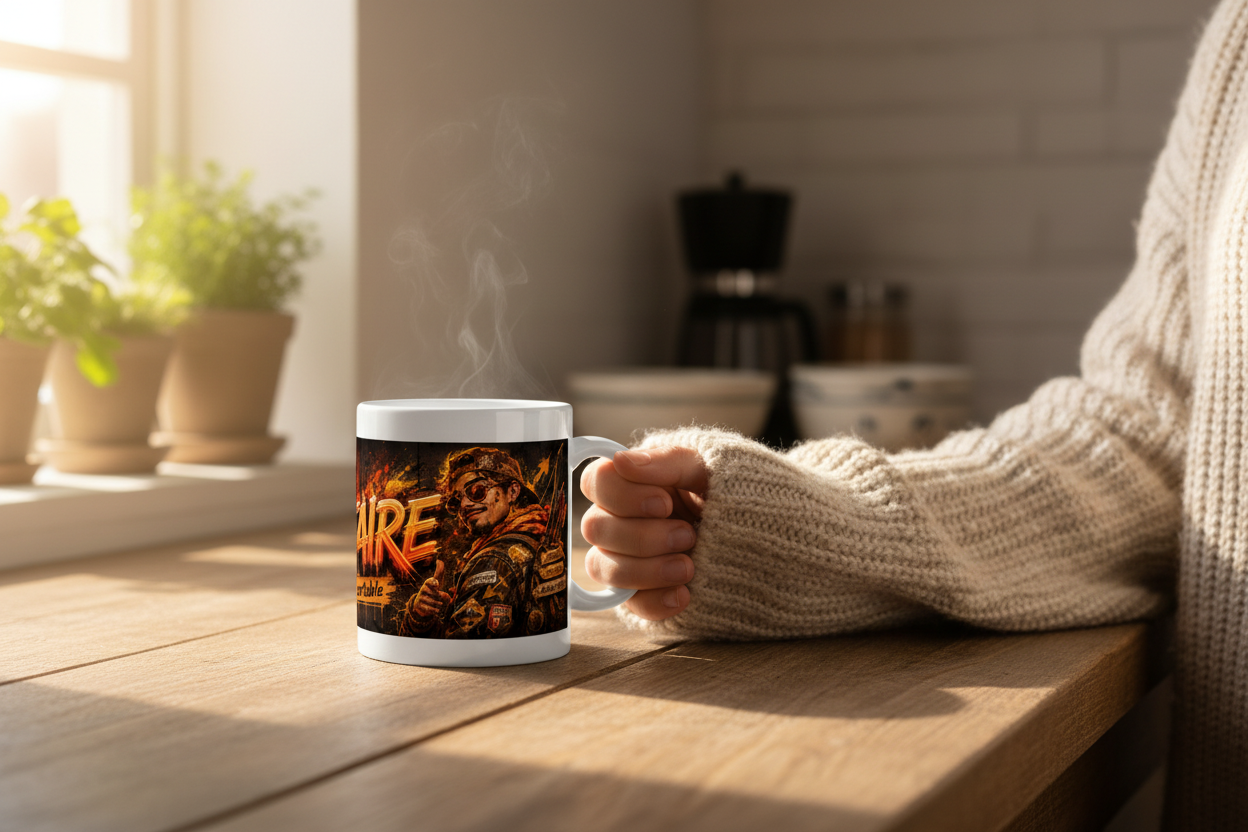 Mug blanc Sagittaire tenu en main, motif orange et noir sur le devant