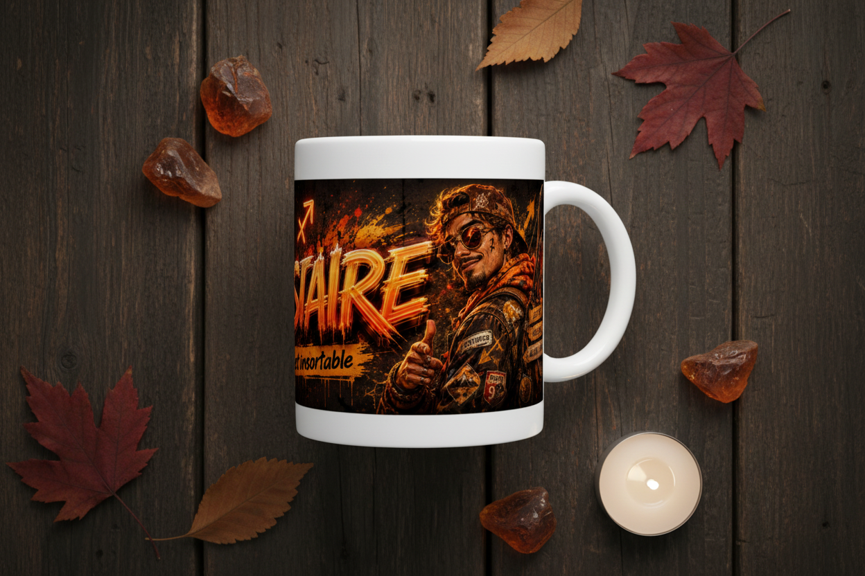 Mug blanc avec visuel Sagittaire, personnage et texte orange sur la face