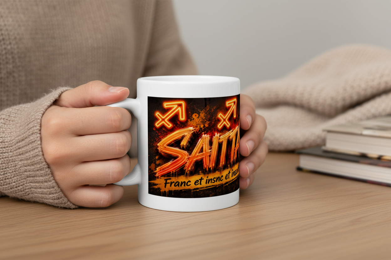 Mug blanc au motif Sagittaire, design orange et message humoristique sur le devant