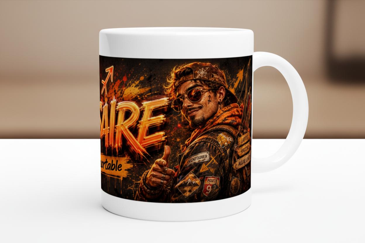 Mug blanc, visuel Sagittaire en style graphique orange et noir, côté droit visible