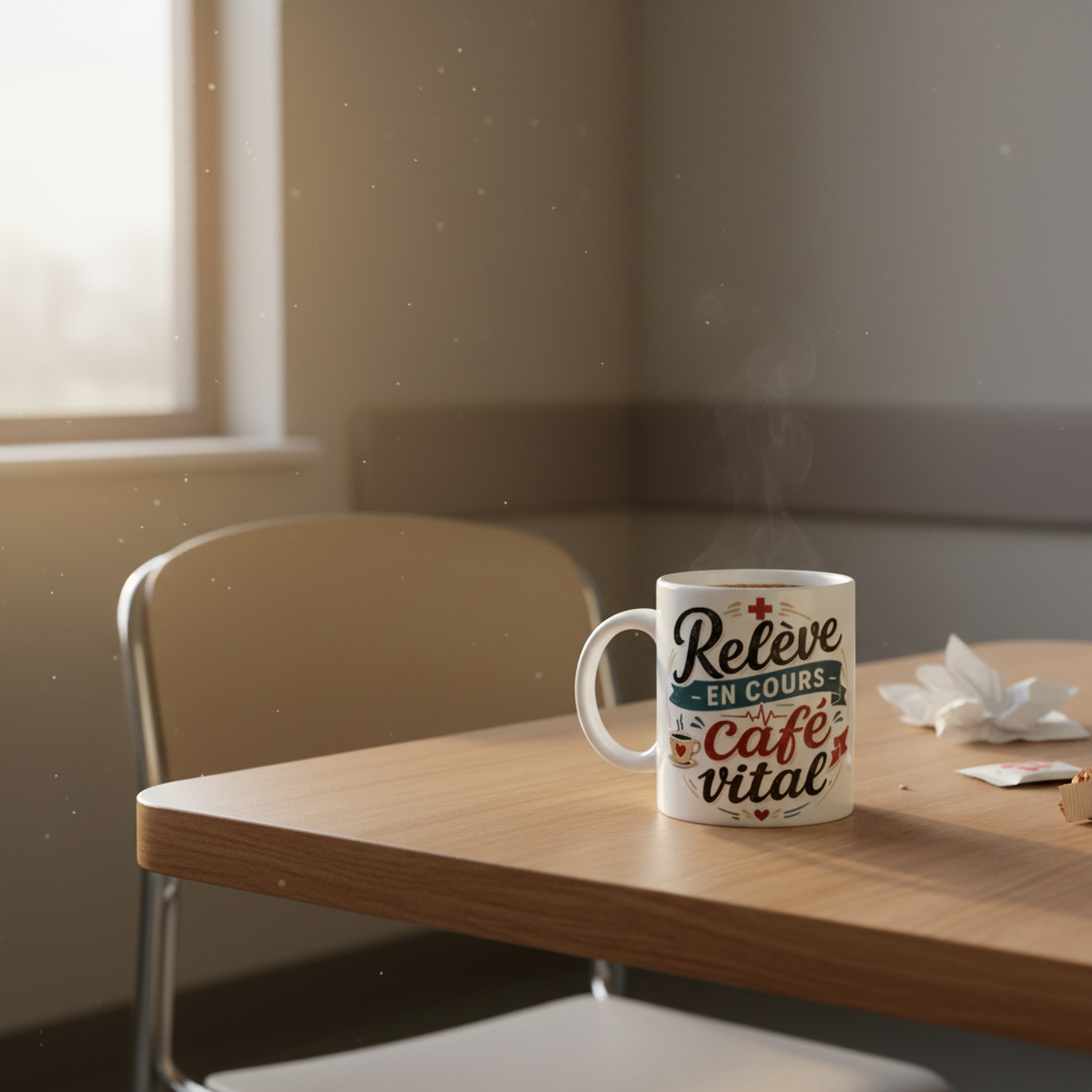 Mug blanc « Relève en cours café vital » imprimé, vue trois-quarts, anse latérale.