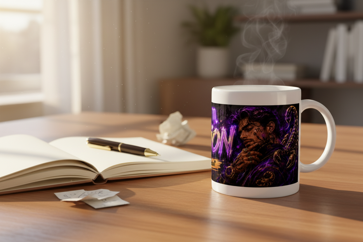 Tasse blanche sur table avec motif Scorpion violet et vapeur.