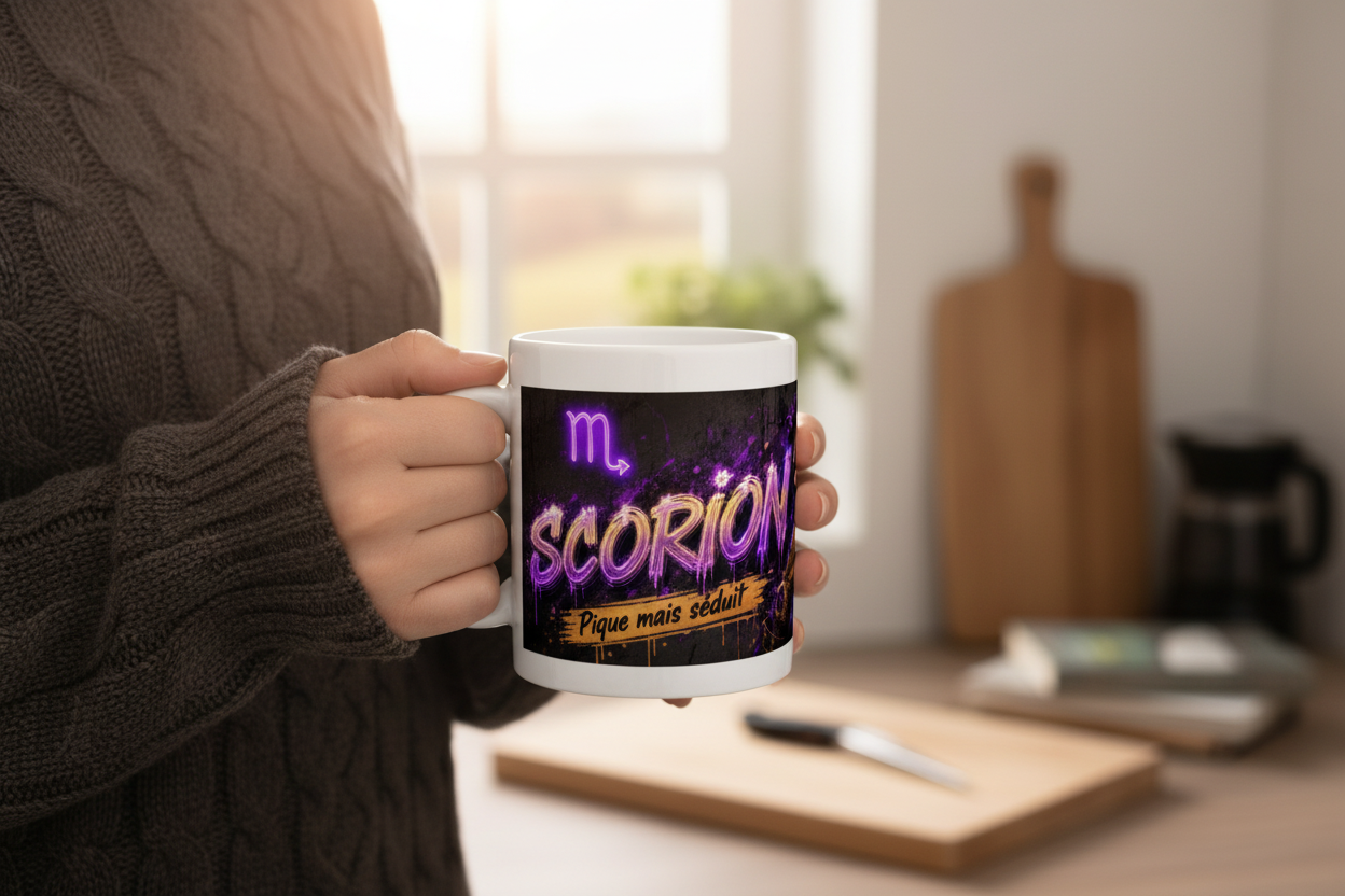 Tasse blanche tenue, inscription « SCORPION » et motif violet.