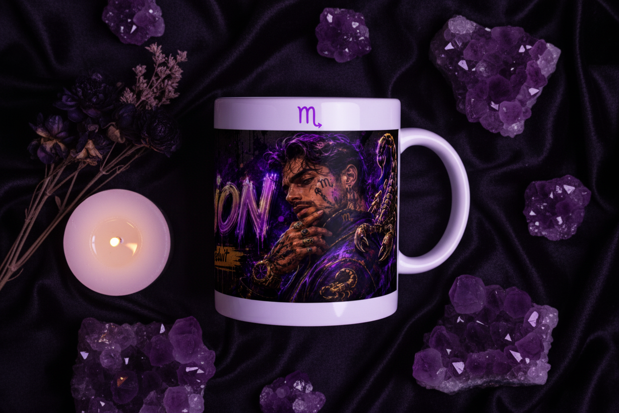 Tasse blanche avec motif Scorpion violet sur fond sombre, anse blanche.