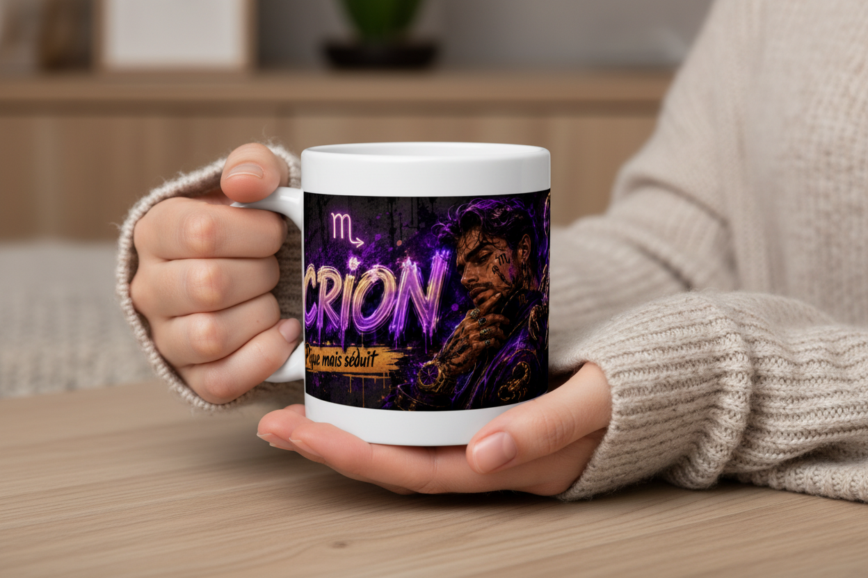 Tasse blanche tenue en main, motif Scorpion violet au centre.