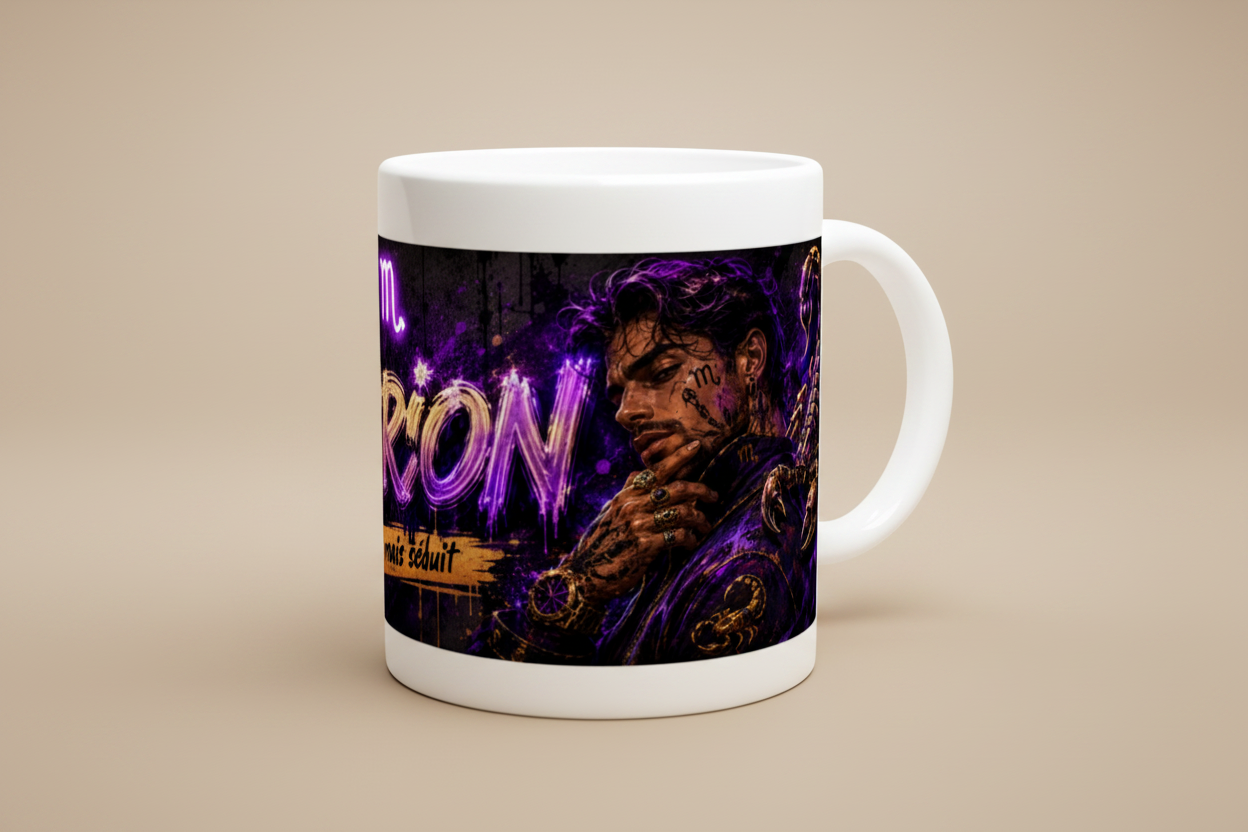 Tasse blanche avec motif Scorpion violet, vue de face.