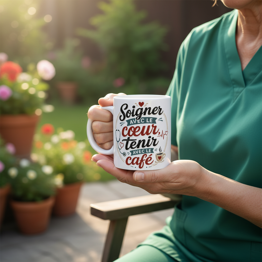Mug blanc en céramique avec inscription « Soigner avec le cœur, tenir avec le café ».