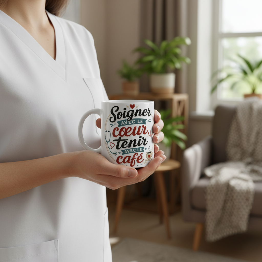 Mug blanc en céramique avec texte « Soigner avec le cœur… tenir… café ».