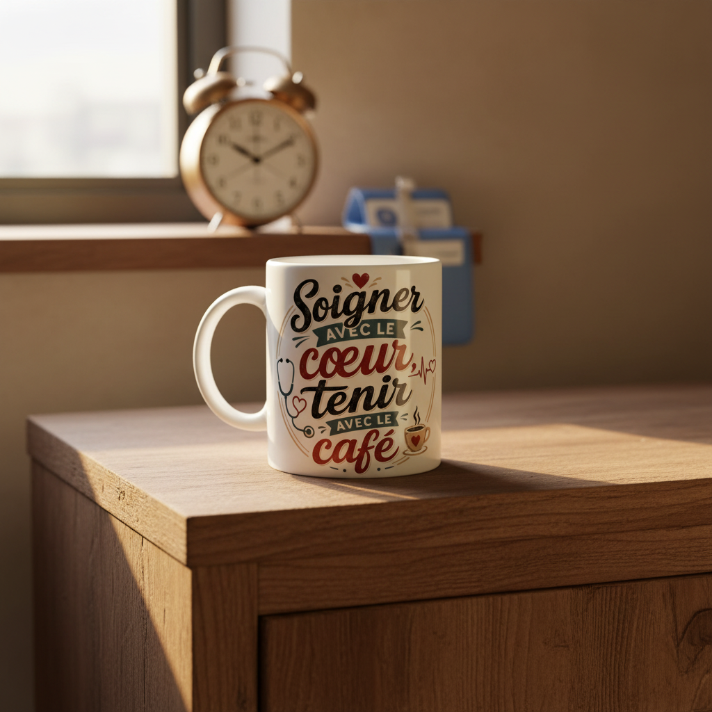 Mug blanc en céramique sur bois, inscription « Soigner avec le cœur… café ».