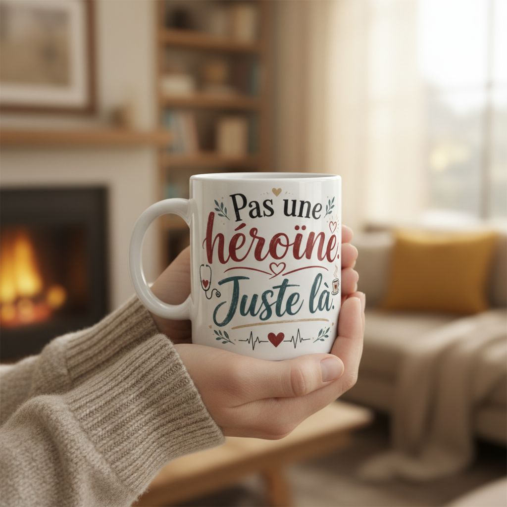 Tasse blanche avec inscription « Pas une héroïne. Juste là », tenue en intérieur.