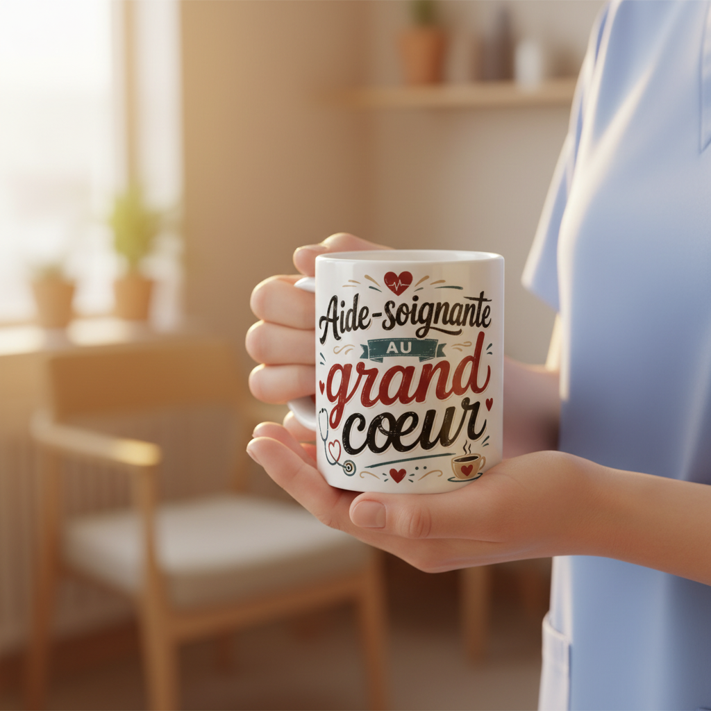 Tasse blanche « Aide-soignante au grand cœur » tenue à la main, décor de cœurs