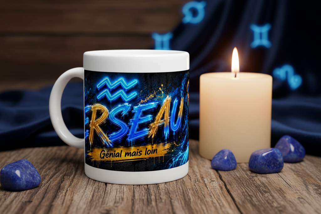 Mug blanc Verseau avec impression bleue et jaune « Génial mais loin »