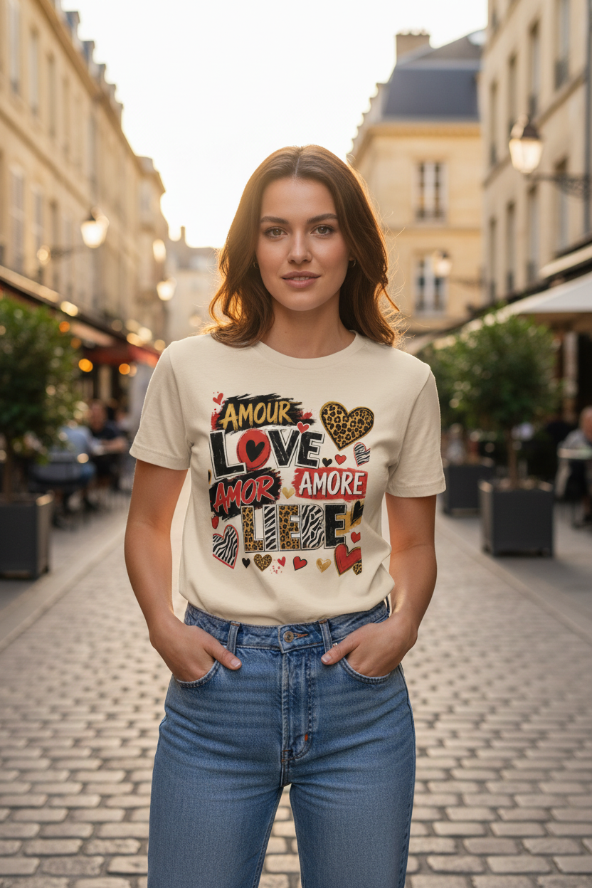 T-shirt unisexe naturel à imprimé graffiti cœurs et mots Love/Amour