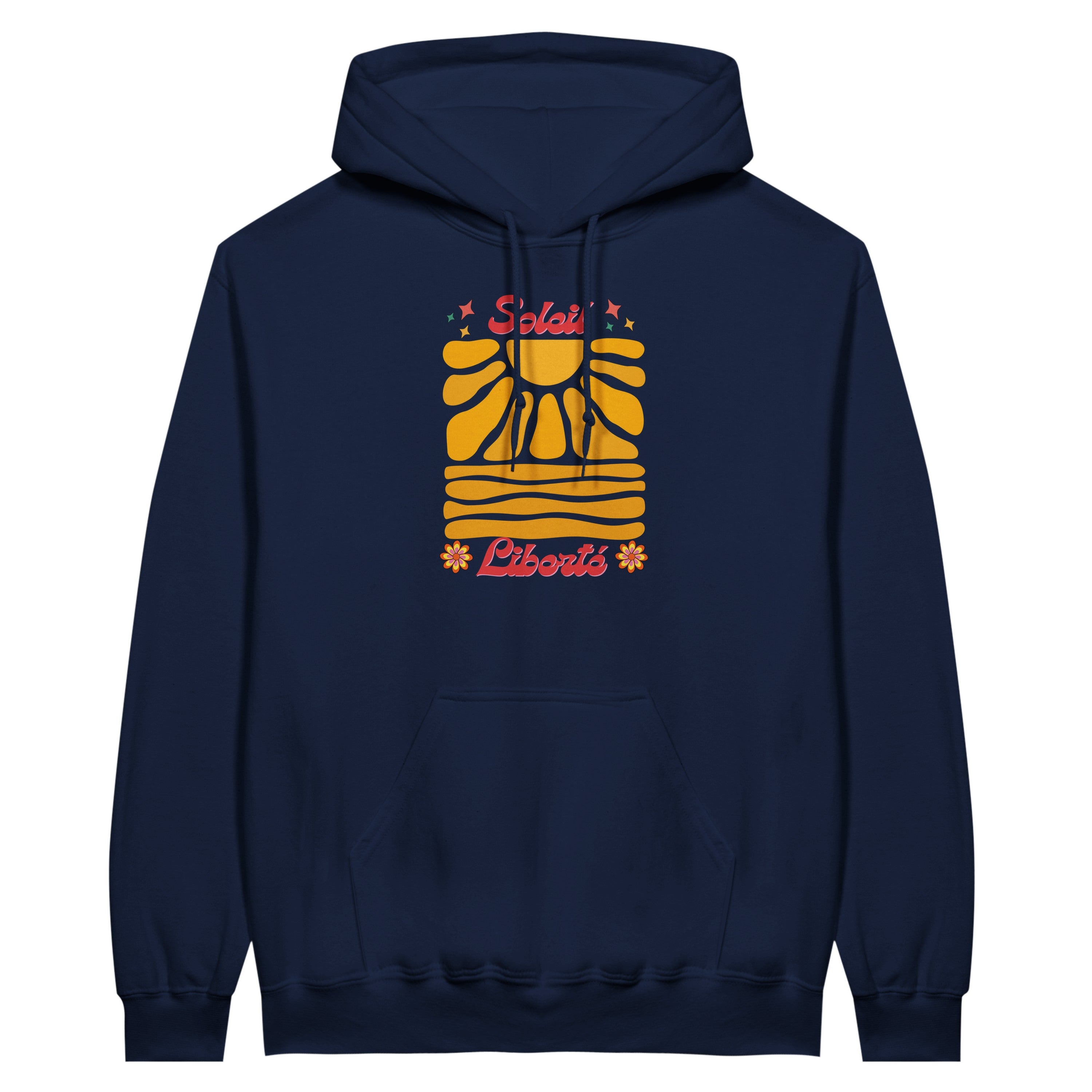 Hoodie à capuche bleu marine, face avant avec imprimé soleil et Liberté.