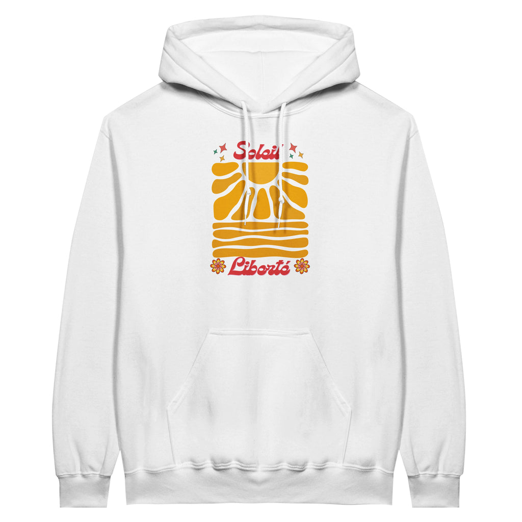 Sweat à capuche blanc avec motif Soleil multicolore au dos.