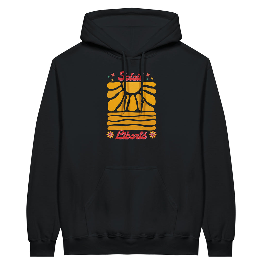Sweat à capuche noir avec motif Soleil multicolore au dos.