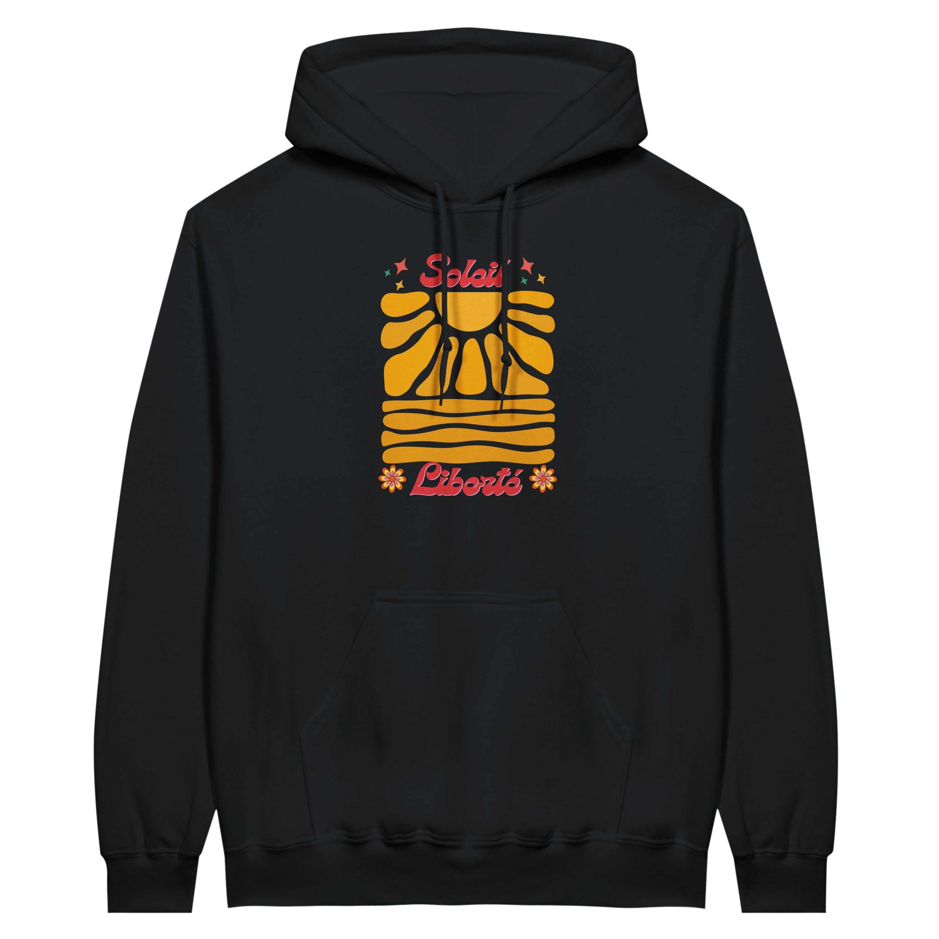 Sweat à capuche noir avec motif Soleil multicolore au dos.