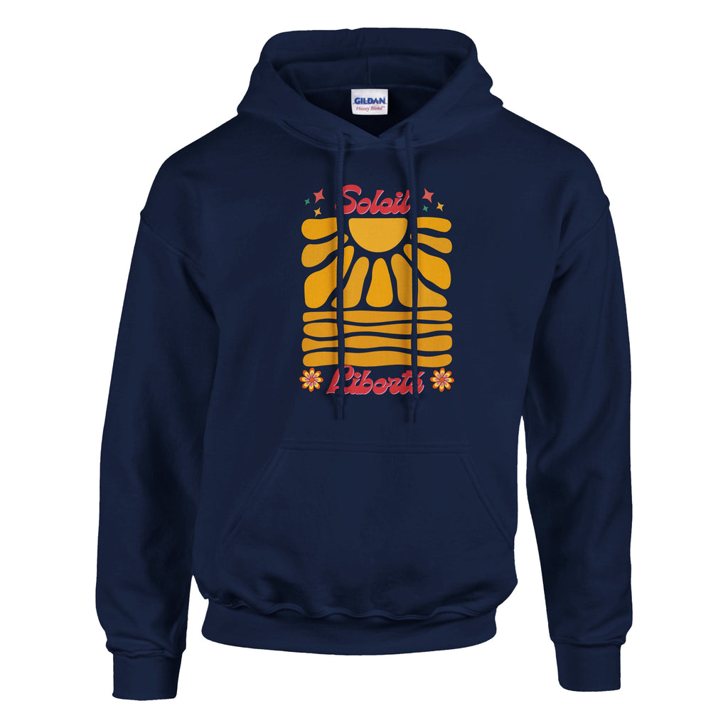 Hoodie à capuche bleu marine, logo soleil et Liberté rétro centré.
