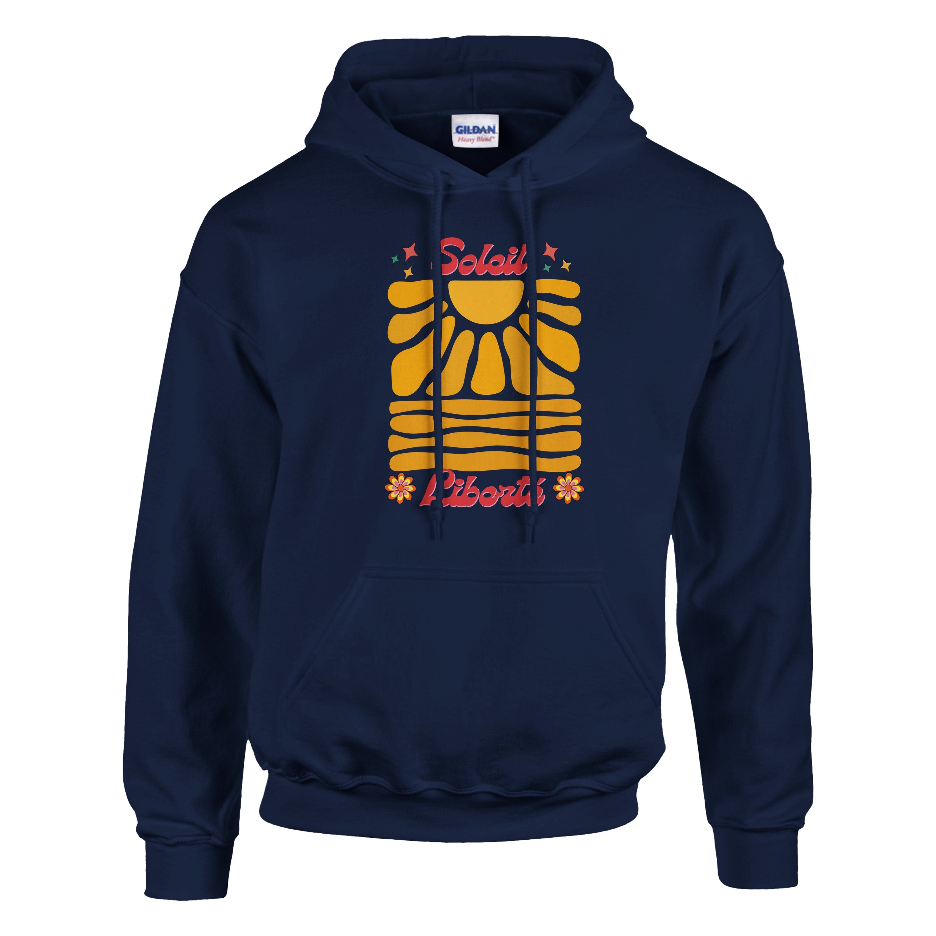 Hoodie à capuche bleu marine, logo soleil et Liberté rétro centré.