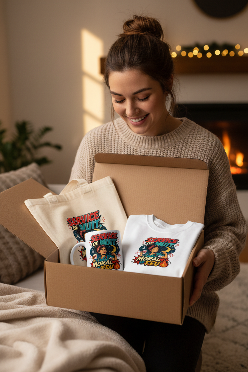 Carton cadeau contenant tasse, tote bag et t-shirt blanc à imprimé « Service de Nuit »