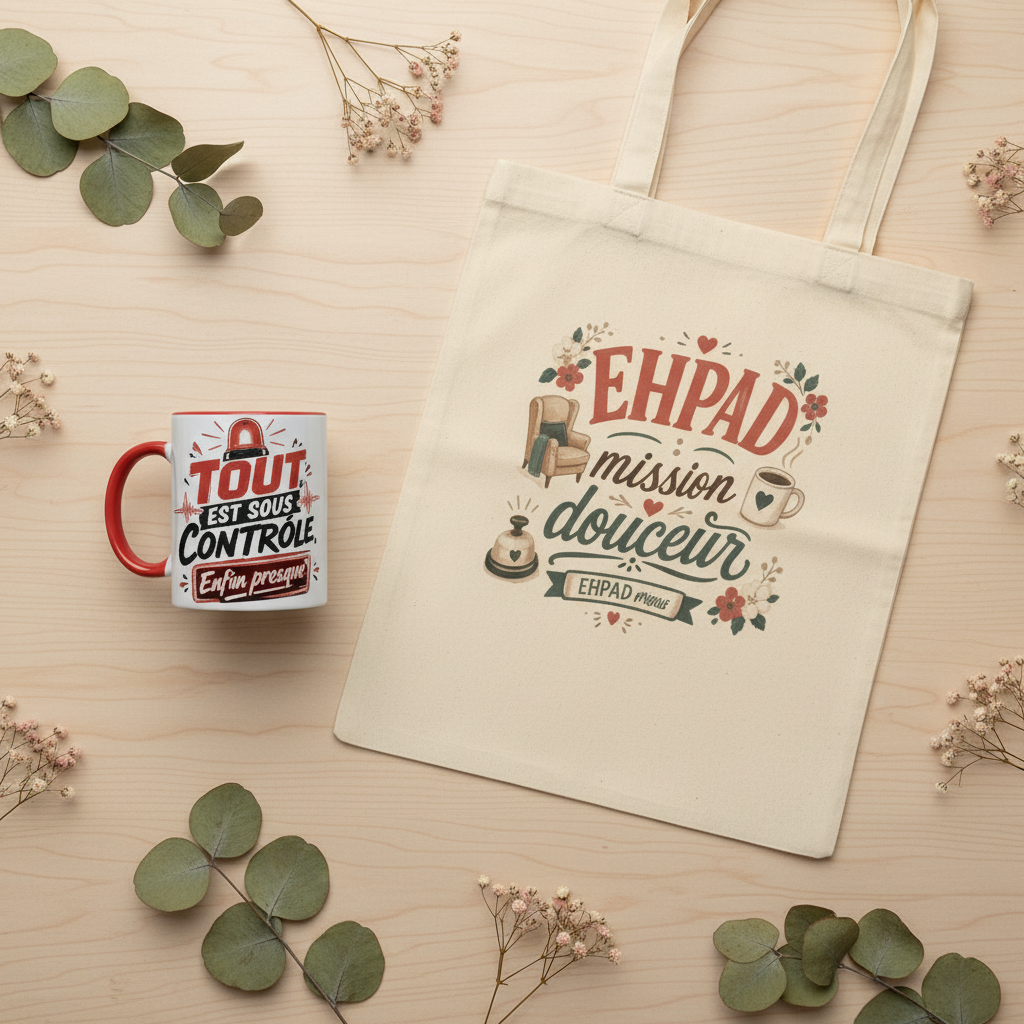Tote bag en coton écru avec inscription EHPAD et illustration mission douce