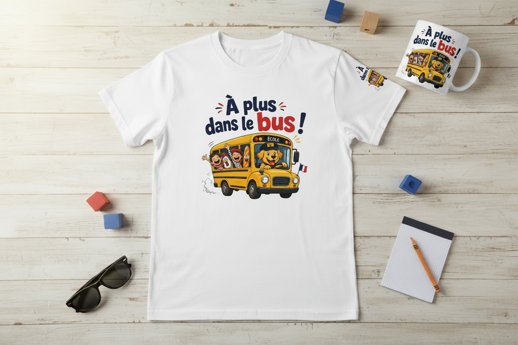 T-shirt blanc unisexe avec motif « À plus dans le bus » et bus jaune