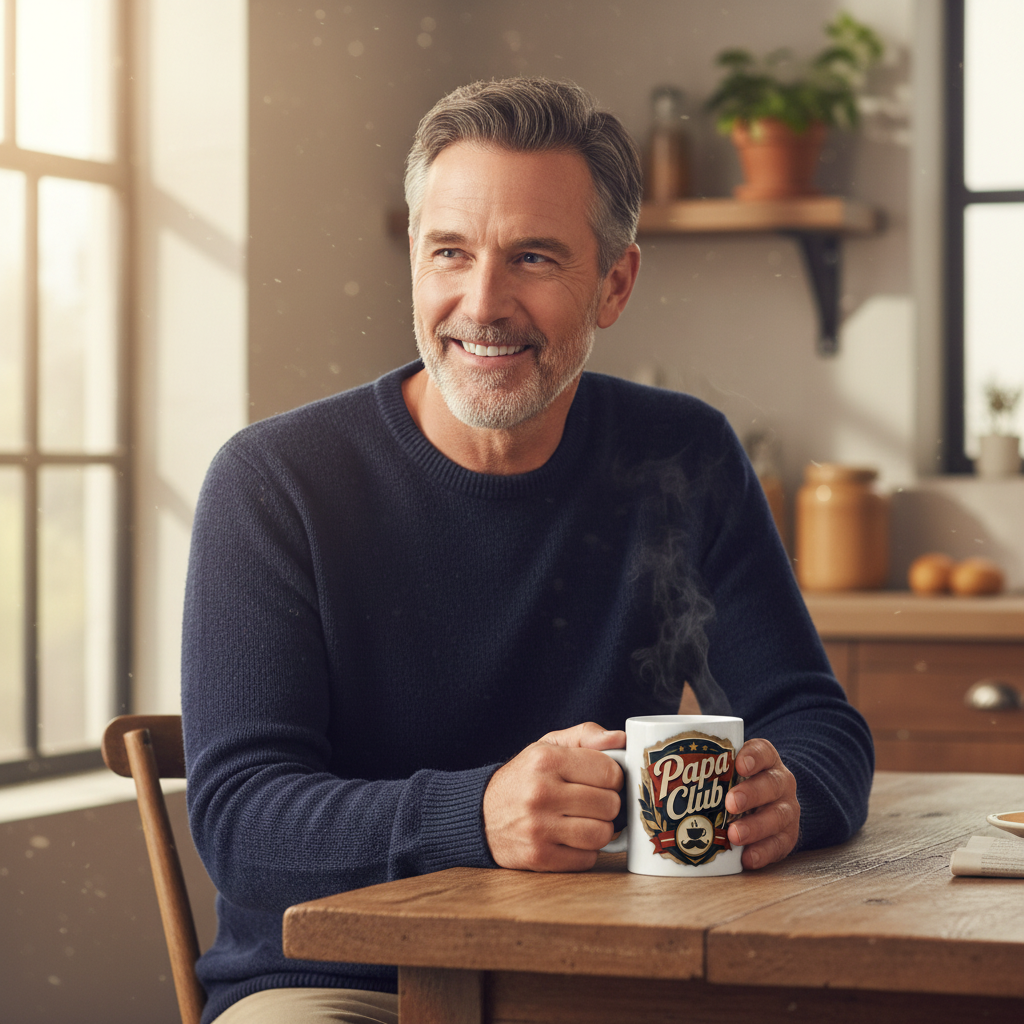 Mug blanc « Papa Club » sur table en bois, motif emblème centré