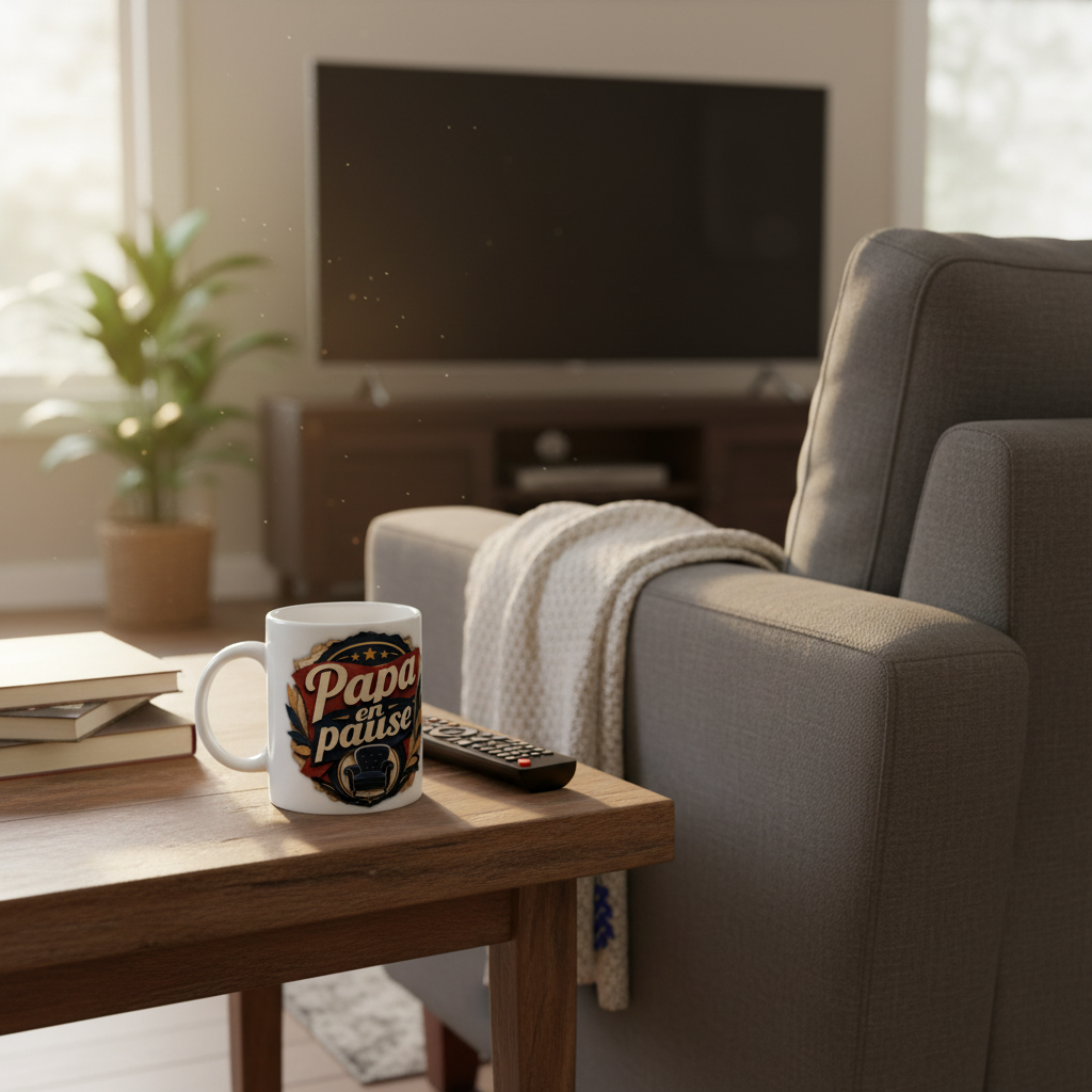 Mug blanc Papa en pause sur table en bois, anse orientée à gauche