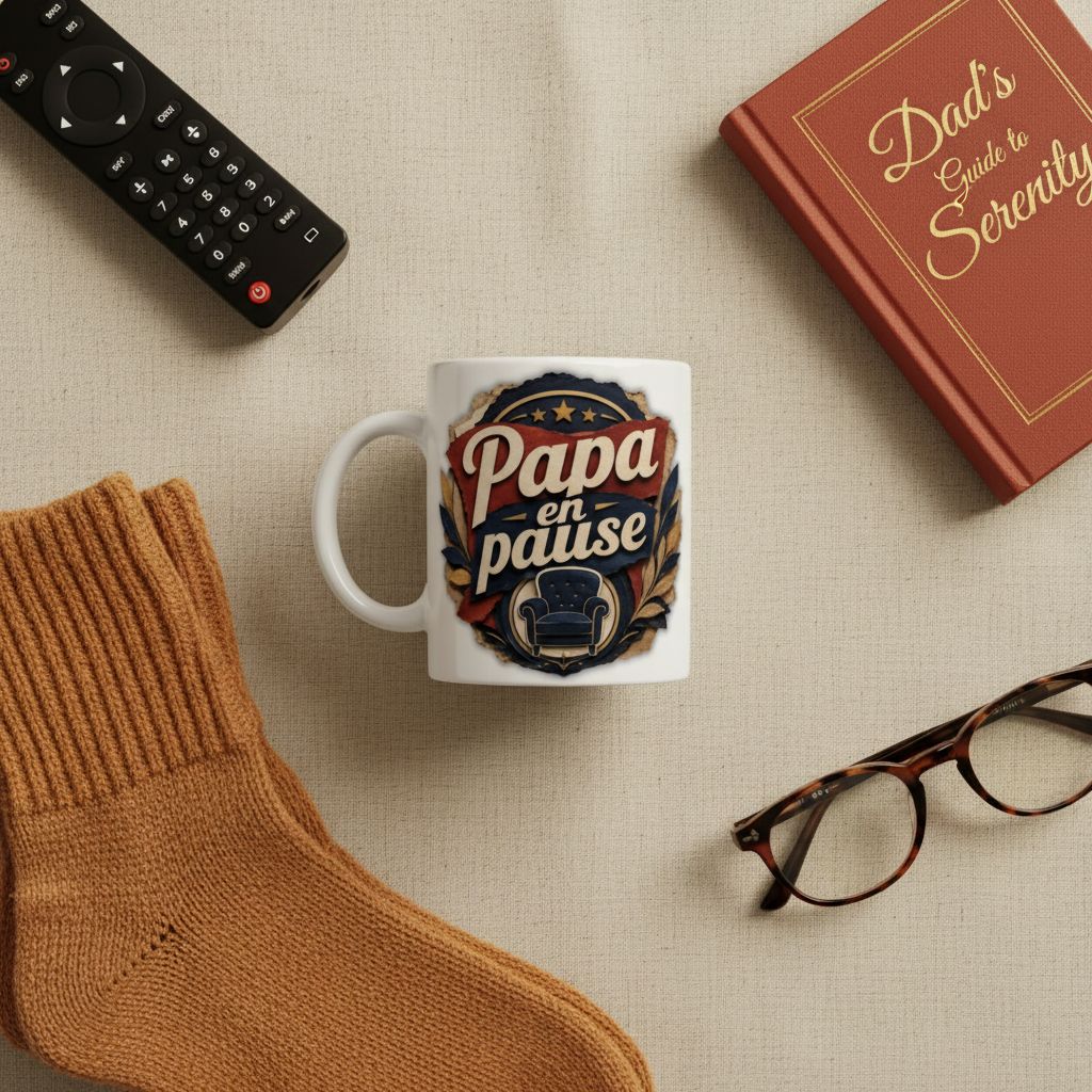 Mug blanc Papa en pause avec visuel bleu et rouge, anse à gauche