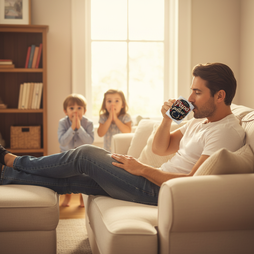 Mug blanc Papa en pause dans la main d’un homme, design bleu et rouge