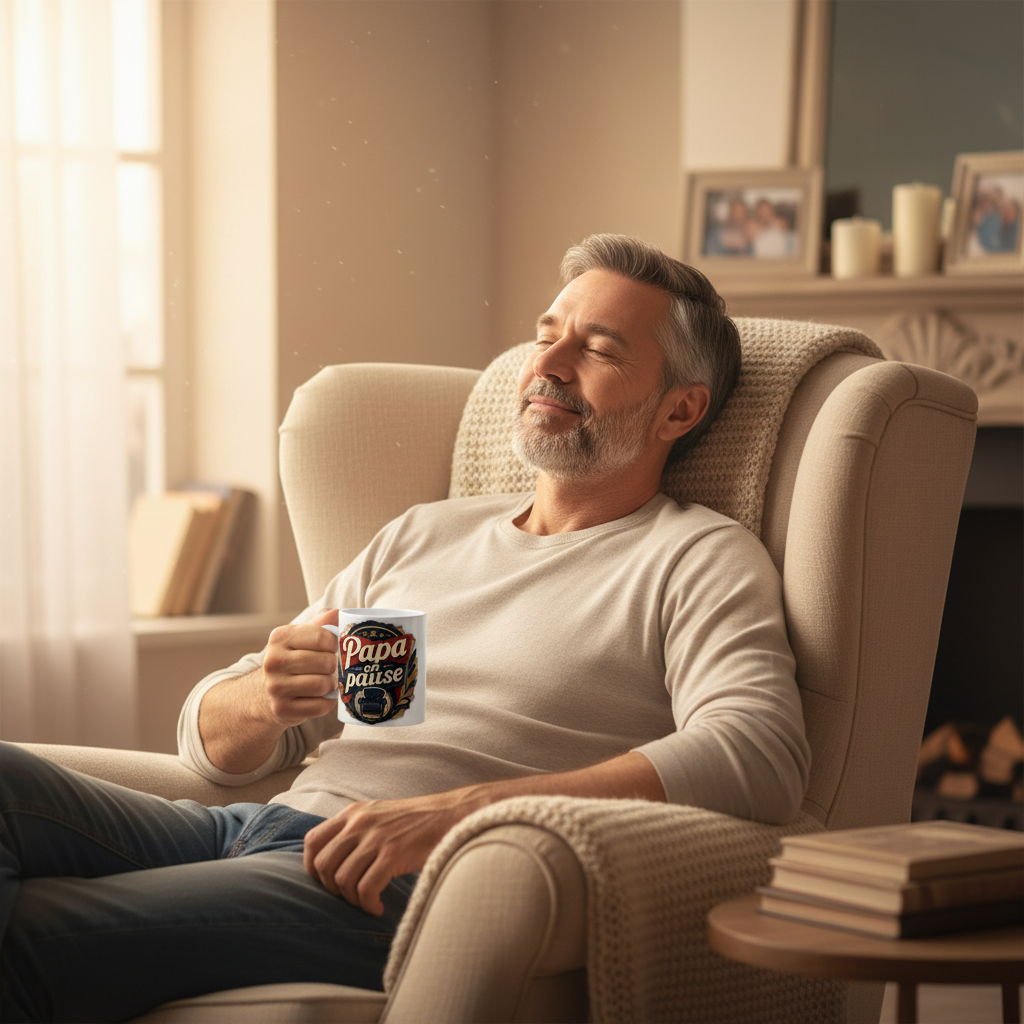 Mug blanc « Papa en pause » tenu dans la main, anse visible