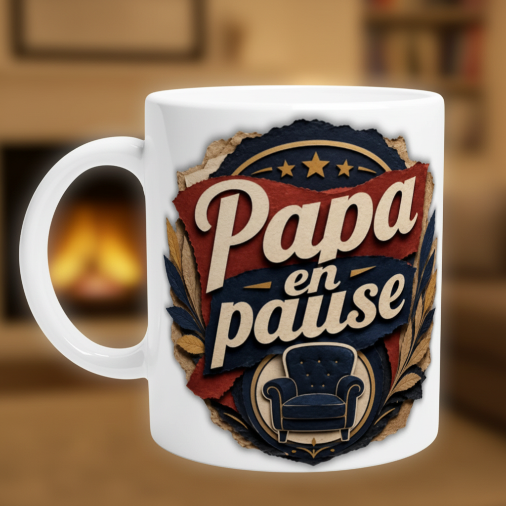 Mug blanc avec impression « Papa en pause » style badge, étoiles bleues