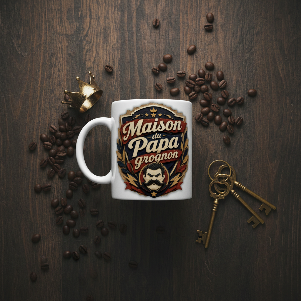 Mug blanc Maison du Papa grognon avec anse et visuel couronne moustachu