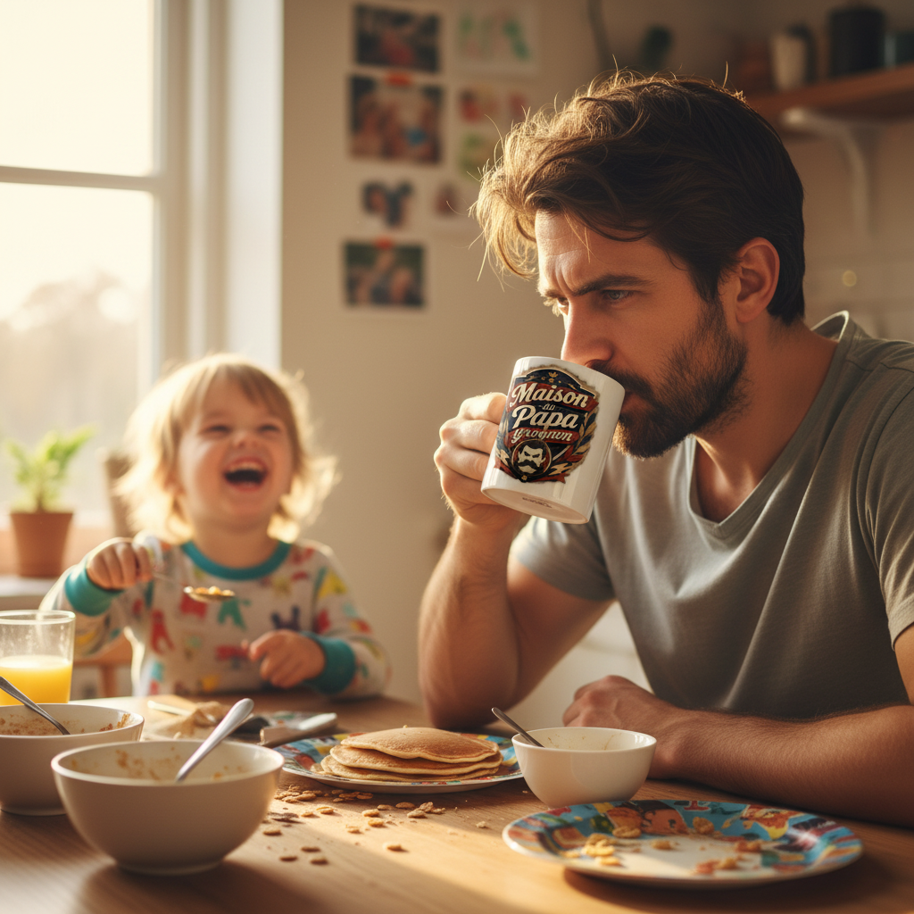 Mug blanc Maison du Papa grognon en main, visuel couronne