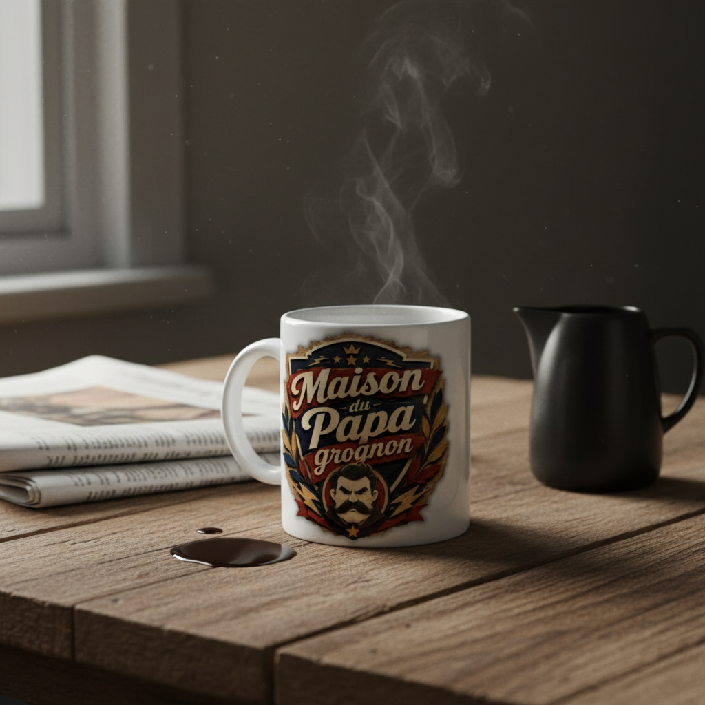 Mug blanc Maison du Papa grognon avec vapeur sortante du café