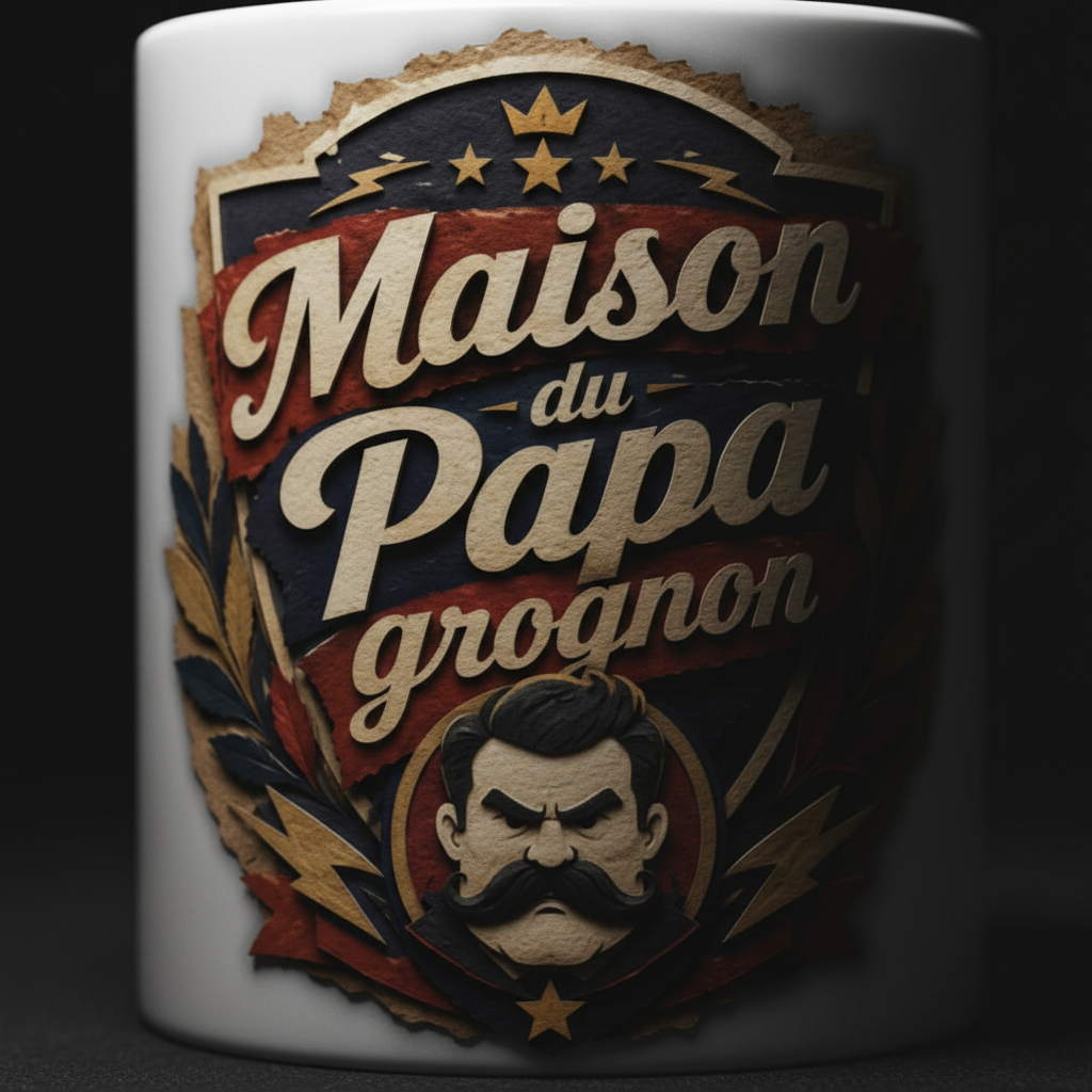 Mug blanc Maison du Papa grognon avec visuel couronne et moustachu