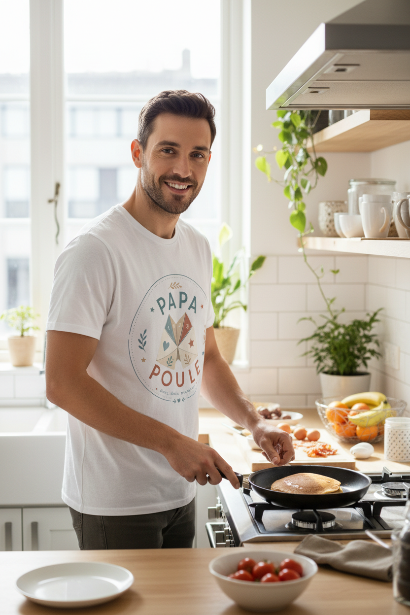 T-shirt blanc Papa Poule avec grand logo rond coloré « Papa Poule » au centre