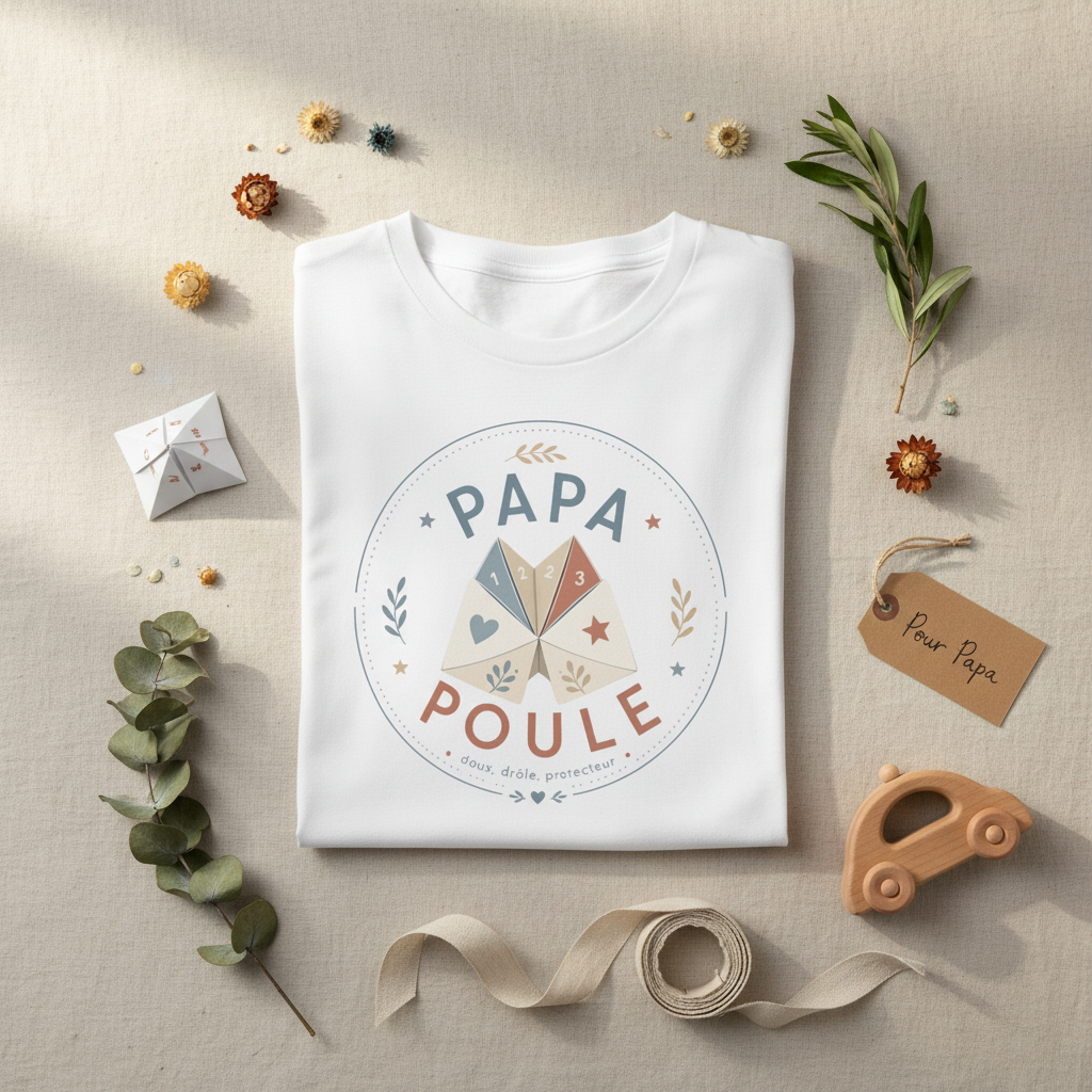 T-shirt blanc Papa Poule plié, imprimé rond central multicolore