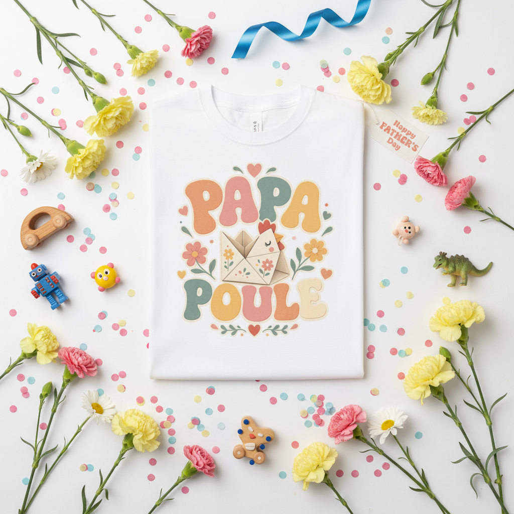 T-shirt blanc avec motif « Papa Poule » encadré de cœurs