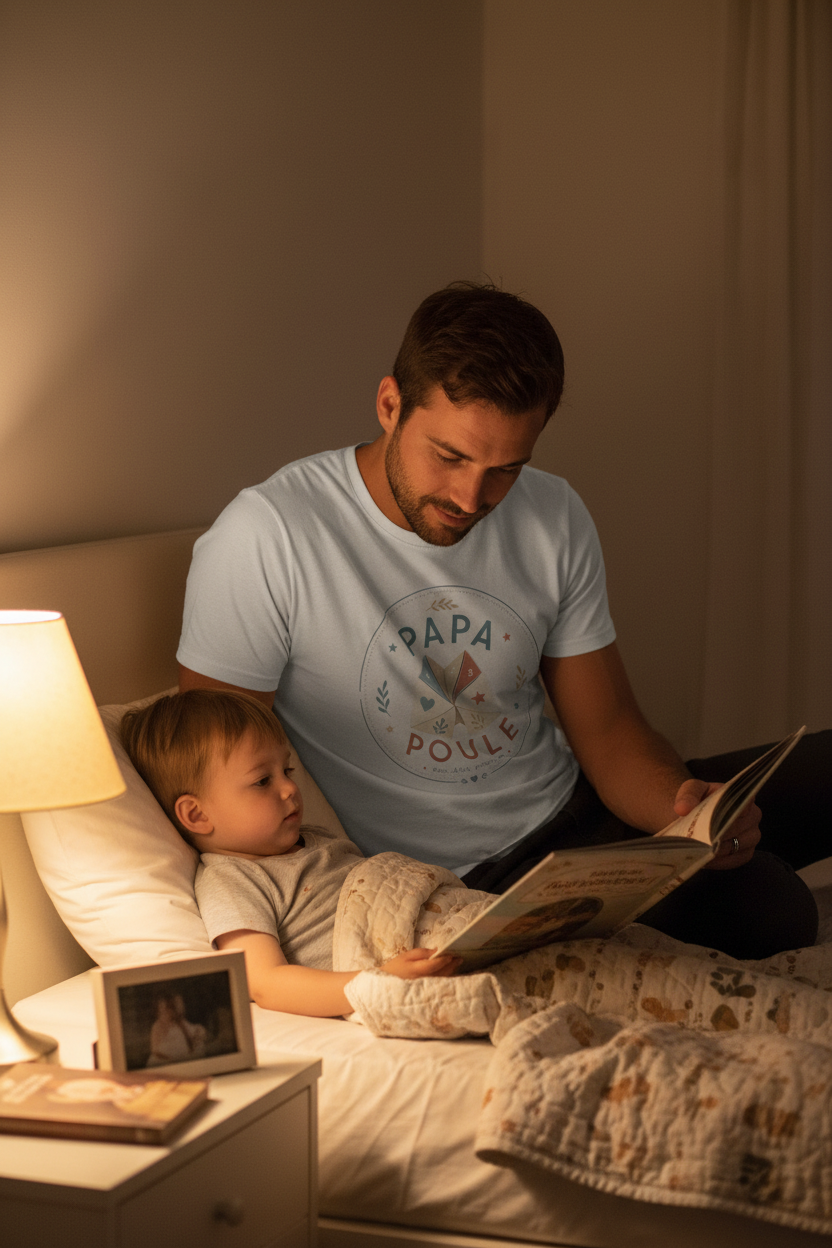 T-shirt blanc Papa Poule manches courtes, imprimé rond sur le torse