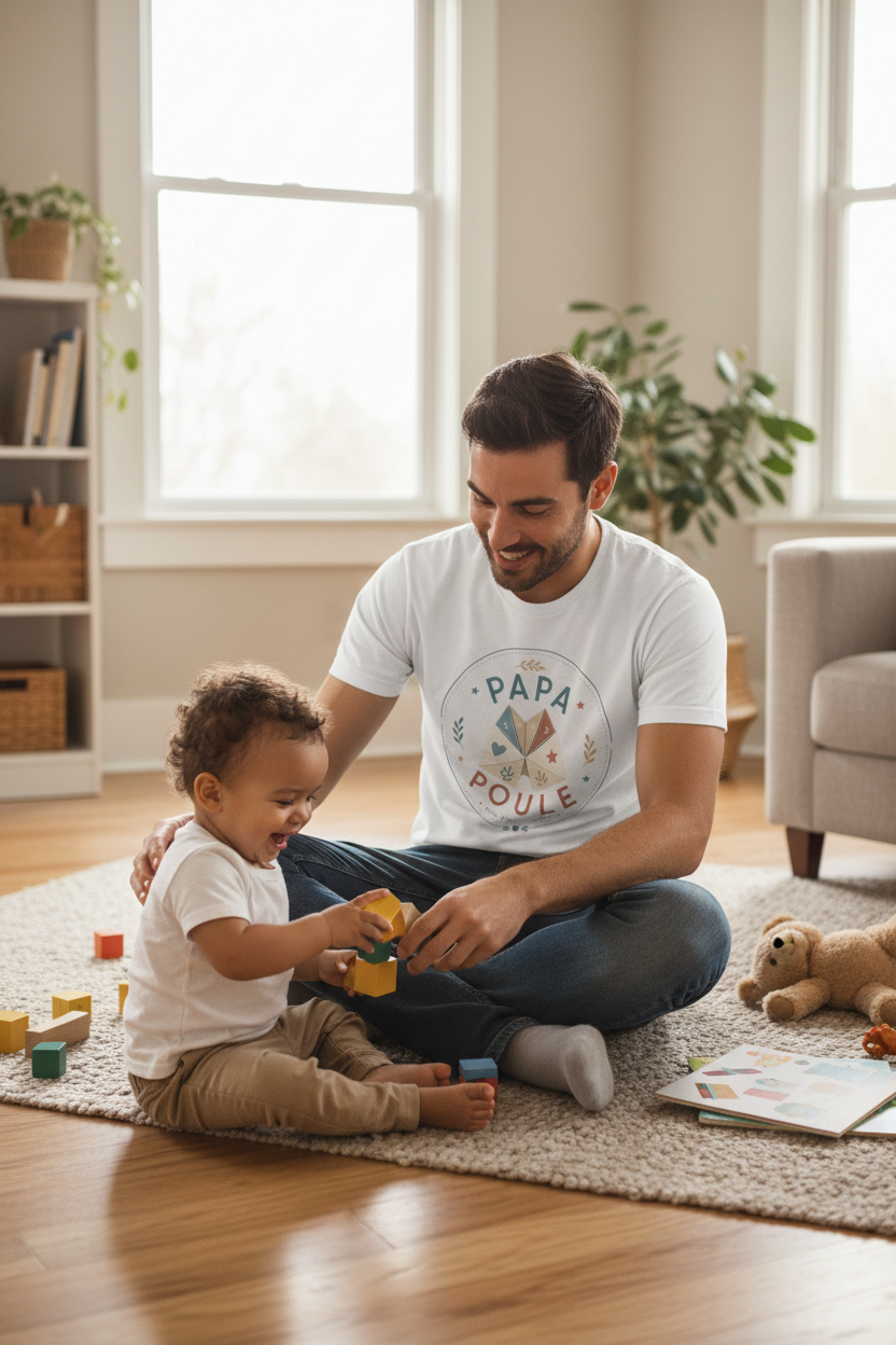 T-shirt blanc Papa Poule, imprimé rond multicolore sur le torse