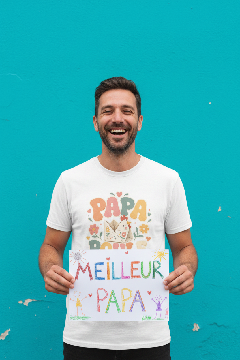 T-shirt blanc avec grand motif « Papa » coloré et fleurs