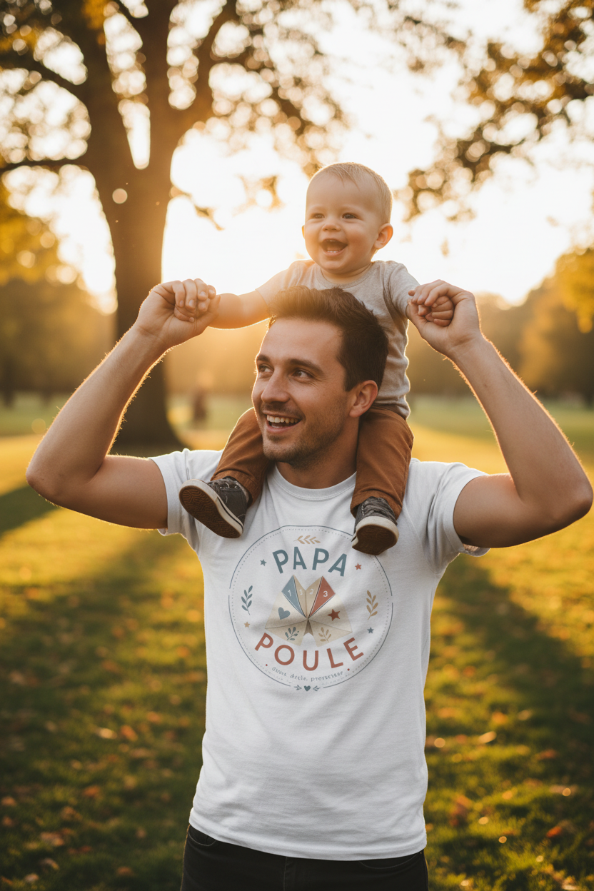 T-shirt blanc Papa Poule, imprimé circulaire « Papa Poule » sur le devant