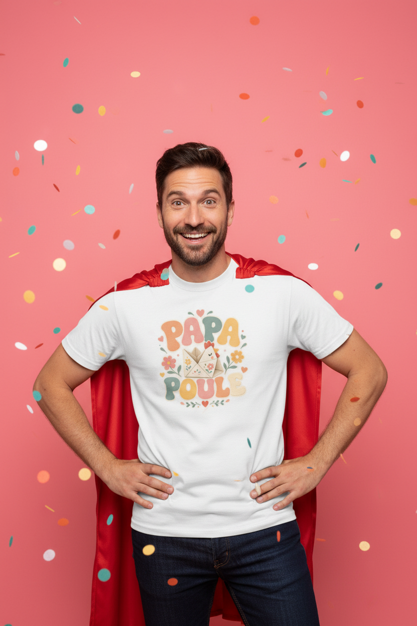 T-shirt blanc avec motif coloré « Papa Poule » et fleurs