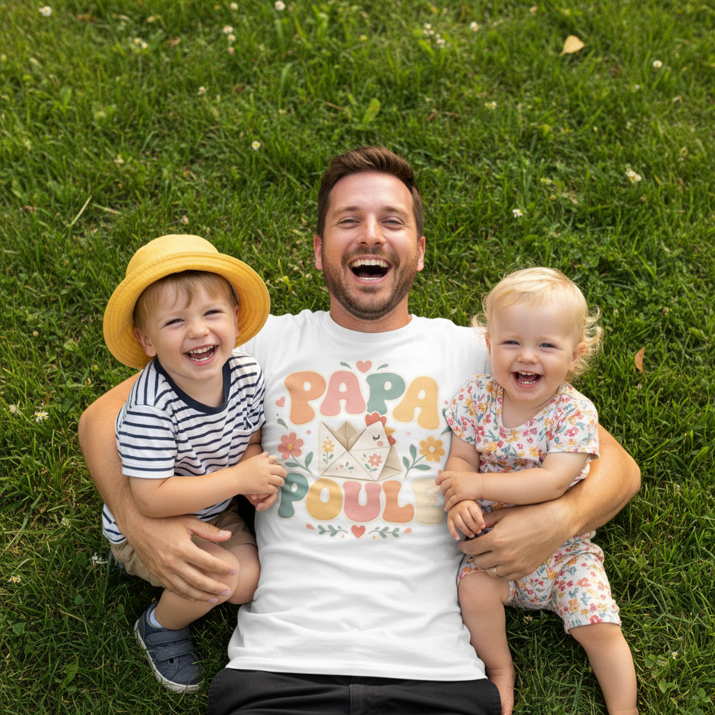 T-shirt blanc « Papa Poule » coloré, porté par un homme