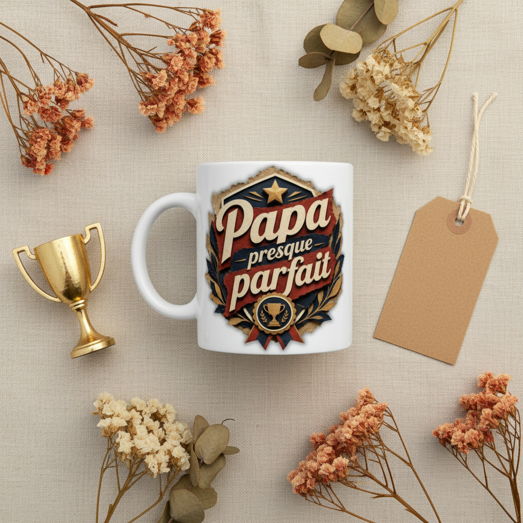 Tasse blanche « Papa presque parfait » avec étoile et logo