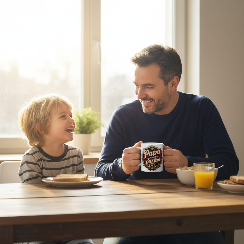 Tasse blanche « Papa presque parfait » en main