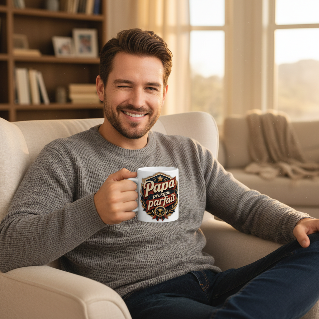 Tasse blanche « Papa presque parfait » tenue sur canapé